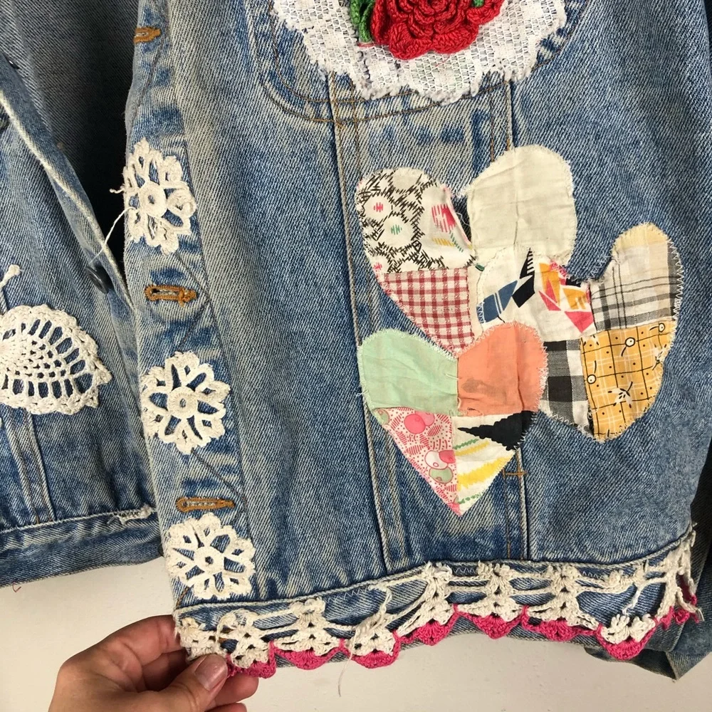 Embellished Blue Jean Jacket Crochet Patchwork - Picture 7 of 14